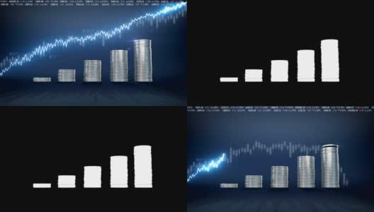堆砌金币和增加蓝色波形线，表示股票市场下降，经济利润高清在线视频素材下载