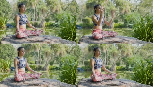 瑜伽在公园，年轻的亚洲女子在姿势坐莲花位置和冥想高清在线视频素材下载
