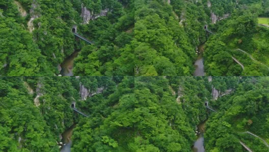 2017年夏天，德雷恩航拍日本宫城县大崎市鸣子峡谷和河流高清在线视频素材下载