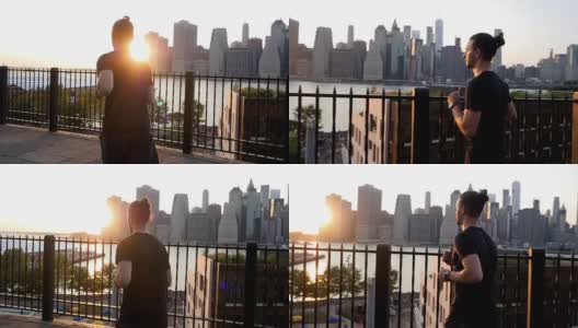 年轻人在纽约海滨的夕阳下工作高清在线视频素材下载