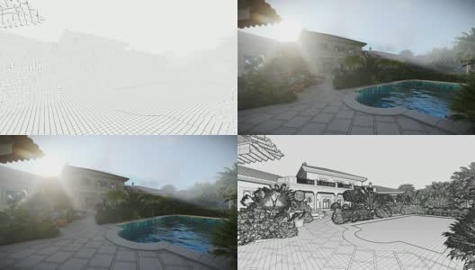 出售带游泳池的别墅，3D草图到RGB高清在线视频素材下载
