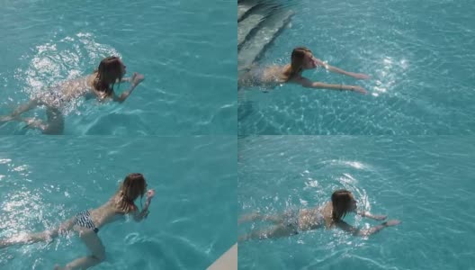 美丽的白人模特，年轻的女人是游泳在一个酒店的蓝色的水，在开放的天空下。放松、休假和自由的概念。慢动作高清在线视频素材下载