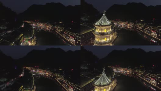 中国凤凰古城夜景航拍高清在线视频素材下载