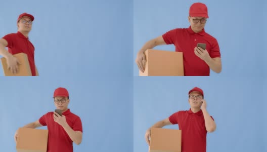 亚洲快乐快递员戴着帽子和红色衬衫使用智能手机，带着纸包裹盒子孤立在蓝色背景和微笑的脸。邮政投递服务的概念。高清在线视频素材下载
