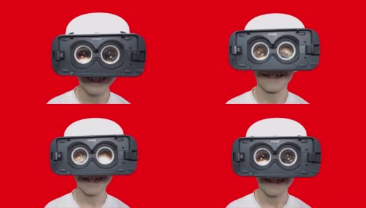 一个戴着虚拟现实头盔的快乐男孩的肖像高清在线视频素材下载