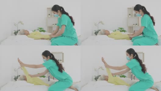 亚洲老年妇女在她的肩膀关节炎接受关节炎物理治疗康复专业护士或家庭健康助理在卧室在家。高清在线视频素材下载