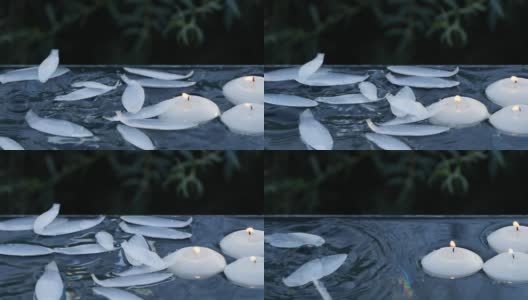 小蜡烛燃烧和荷花花瓣落入水中的特写高清在线视频素材下载