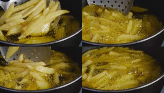 平底锅里的热油酥脆薯条高清在线视频素材下载