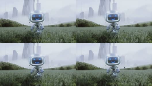 一个有趣的玩具机器人在一个未来城市的背景草地上。未来的概念。现实的4 k的动画。高清在线视频素材下载