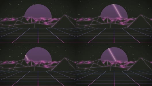 复古80年代风格的复古3D动画背景与山脉，太阳和发光的星星高清在线视频素材下载