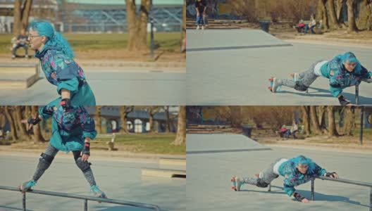 一个年轻女子在滑板公园的酒吧溜冰时摔倒了高清在线视频素材下载