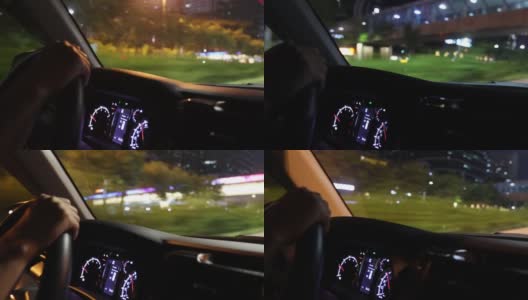 在城市夜间道路上行驶的汽车仪表板高清在线视频素材下载
