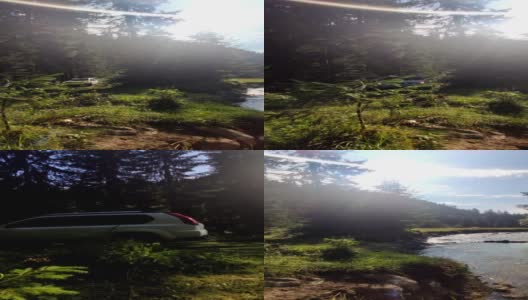汽车旅行概念寻找露营地附近的山河高清在线视频素材下载