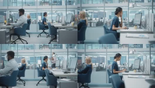 在大公司办公室:美丽的亚洲业务经理使用计算机，商人和专家在她周围工作，分析统计数据，商业数据，营销计划。放大的肖像。高清在线视频素材下载