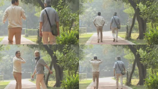 老人和他儿子在公园散步的后视图高清在线视频素材下载
