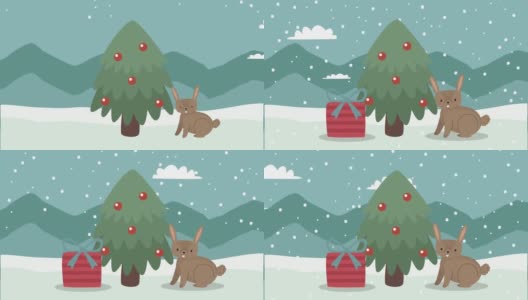 圣诞树和兔子雪景高清在线视频素材下载