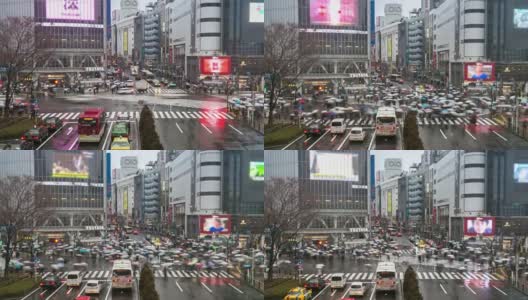 4K延时:涉谷十字路口下着雨的行人高清在线视频素材下载