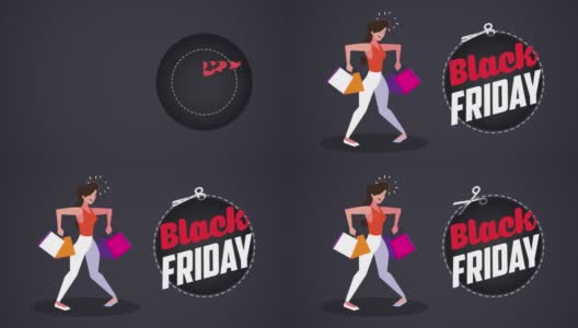 黑色星期五的促销动画与女性买家提购物袋高清在线视频素材下载