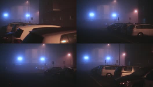 相机在雾中移动。停车场在夜城夜城高清在线视频素材下载