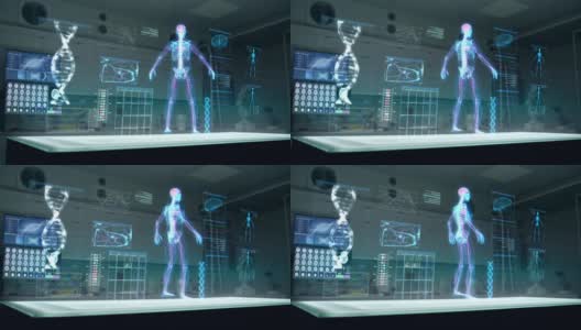 未来实验室。全息，三维骨架和DNA螺旋。扫描虚拟病人的损伤高清在线视频素材下载