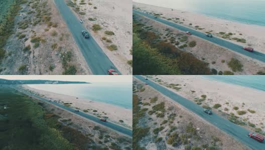 4k无人机飞过在海滩上开车的汽车高清在线视频素材下载