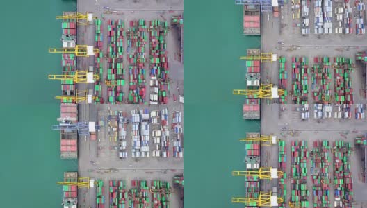 鸟瞰深水港进出口集装箱码头集装箱船及商业物流高清在线视频素材下载