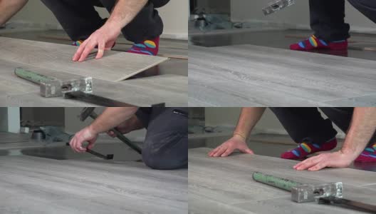 杂工的手铺设复合木地板高清在线视频素材下载