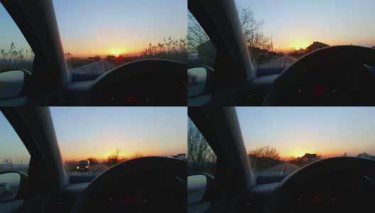 司机pov在向日落方向行驶的道路旅行高清在线视频素材下载