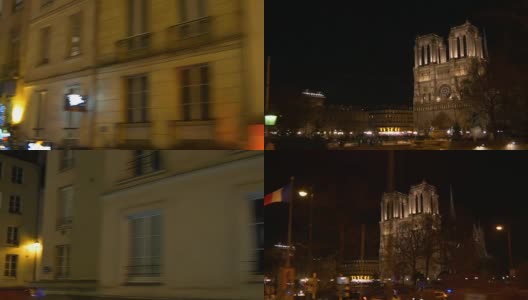 法国夜间时间巴黎著名的巴黎圣母院双层巴士乘坐全景4k高清在线视频素材下载
