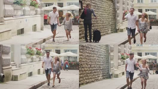 在欧洲小镇的街道上奔跑的快乐大笑的夫妇高清在线视频素材下载