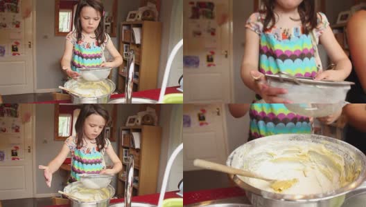 小女孩在家里的厨房里烤蛋糕高清在线视频素材下载