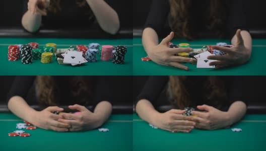 一名女子出示一对王牌，拿走赌场所有筹码和钱，成为游戏赢家高清在线视频素材下载