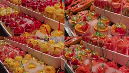 巴塞罗那La Boqueria市场的健康水果沙拉高清在线视频素材下载