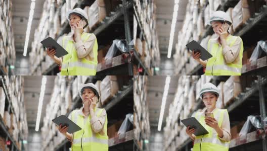 亚洲仓库工人在仓库使用手机和平板电脑检查高清在线视频素材下载