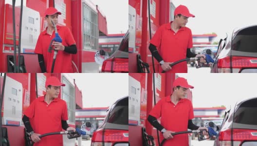 穿着工作服的亚洲工人在加油站给汽车加油高清在线视频素材下载