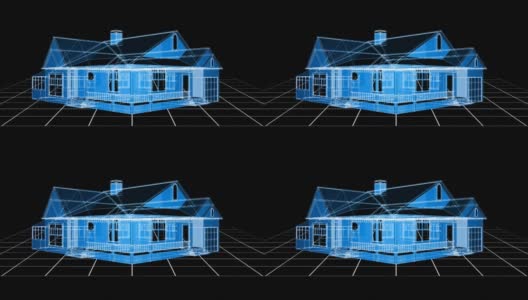 旋转3d房屋平面图的动画，蓝色和白色的线通过，在黑色背景上高清在线视频素材下载