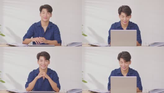 企业家英俊的商人亚洲人穿蓝色衬衫完成工作，在网上关闭电脑笔记本电脑桌上桌子微笑和幸福。有吸引力的自由职业者在线销售营销在家里的办公室高清在线视频素材下载