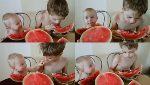 可爱的孩子吃西瓜高清在线视频素材下载