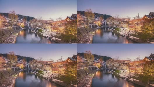 Village snow viewpoint sunset twilight at Takayama city and stream water, Japan Time lapse高清在线视频素材下载