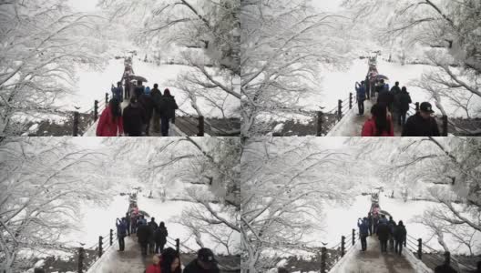 游客们在冬天穿过Shogawa河的吊桥去shirakawa村高清在线视频素材下载