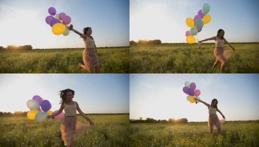 日落时分，一个女人拿着气球在草地上奔跑高清在线视频素材下载