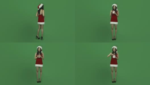 亚洲女孩性感圣诞老人孤立绿屏绿背景快乐高清在线视频素材下载