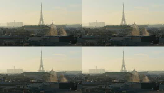 法国日落巴黎著名的画廊老佛爷屋顶城市景观埃菲尔铁塔全景4k高清在线视频素材下载