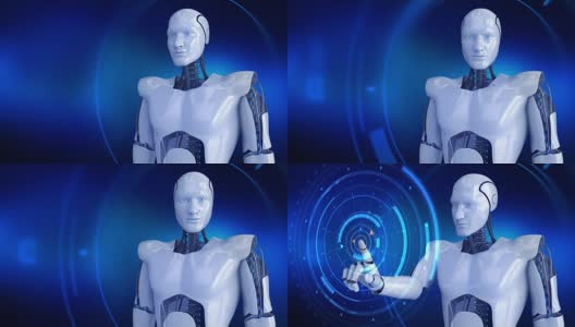 人形男性机器人启动数字hud和缓慢转弯高清在线视频素材下载