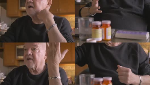 一名沮丧的资深男子在药瓶前慢镜头讲话高清在线视频素材下载