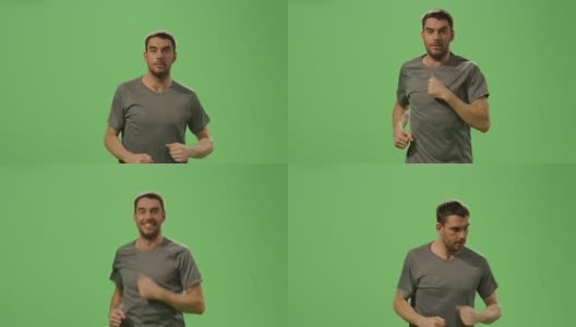背景是一个绿色屏幕模型，上面是一名身穿t恤的男子在慢跑。高清在线视频素材下载