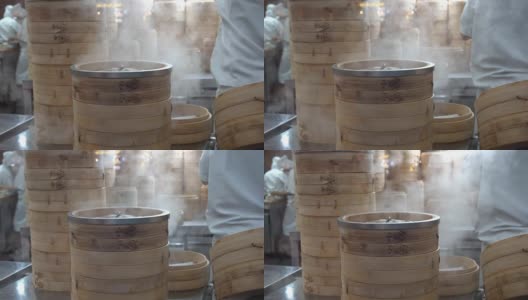 中式厨房里的竹制蒸笼，慢镜头高清在线视频素材下载
