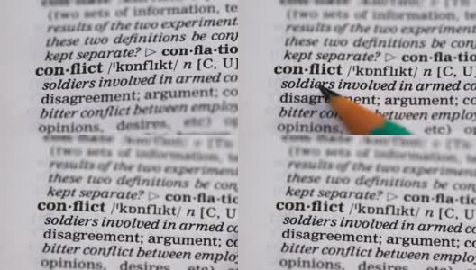 英语词典中的冲突词，谈判和利益上的分歧高清在线视频素材下载