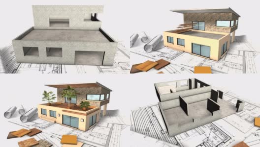 4K延时3d动画。住宅建筑展示了从图纸到屋顶安装的过程高清在线视频素材下载