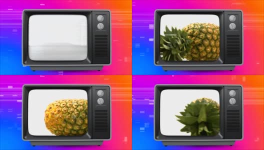 在屏幕上显示菠萝的复古电视。这里有老式的背景和虚拟的广场咝咝声高清在线视频素材下载